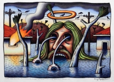 Reg Mombassa  Fire and water: Australian Jesus with hollow head and eyes popped out, 2018